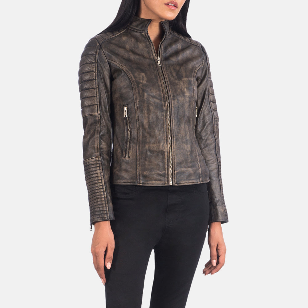 Women's Adalyn Quilted Distressed Brown Leather Biker Jacket