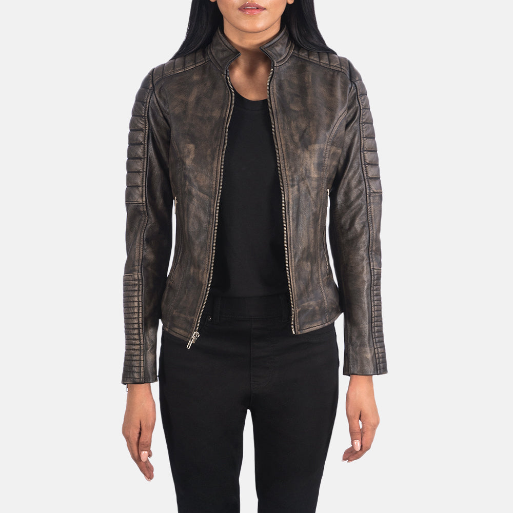 Women's Adalyn Quilted Distressed Brown Leather Biker Jacket