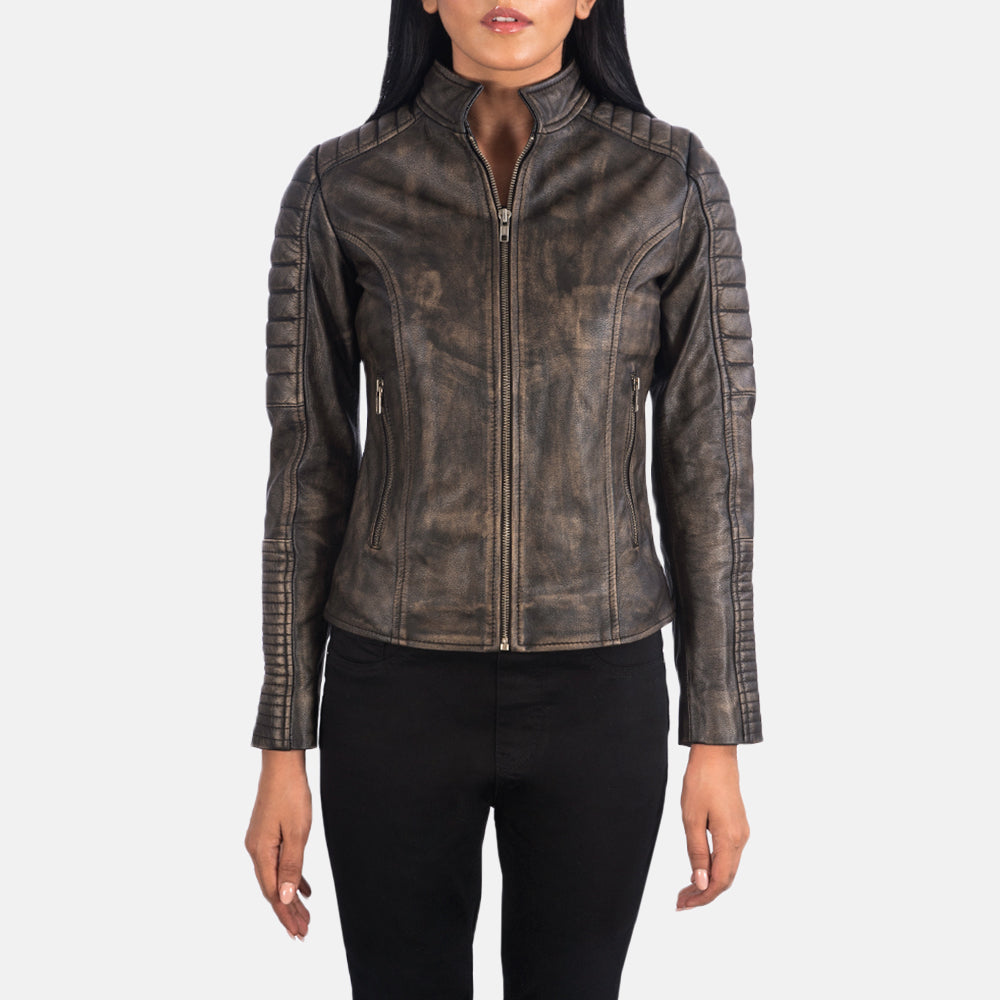 Women's Adalyn Quilted Distressed Brown Leather Biker Jacket
