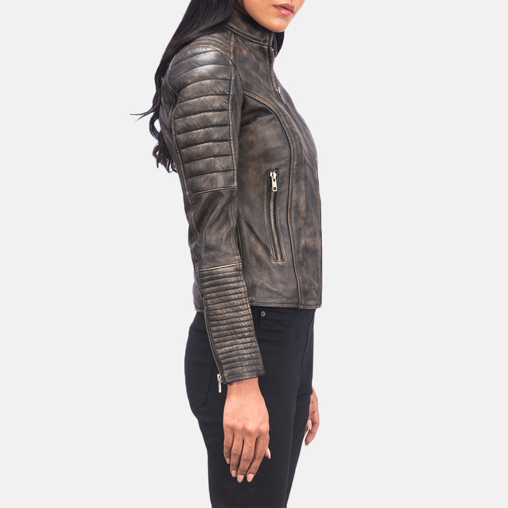 Women's Adalyn Quilted Distressed Brown Leather Biker Jacket