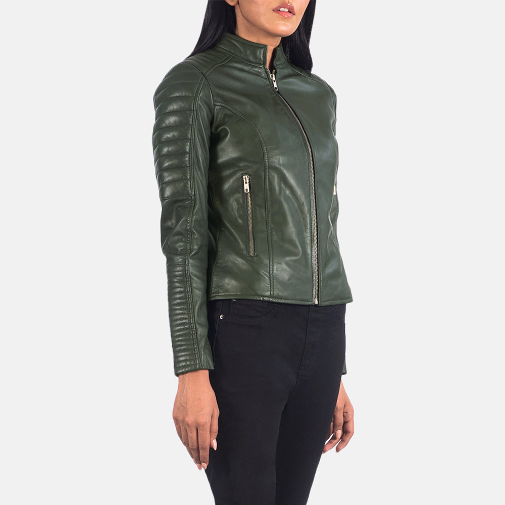 Women's Adalyn Quilted Green Leather Biker Jacket