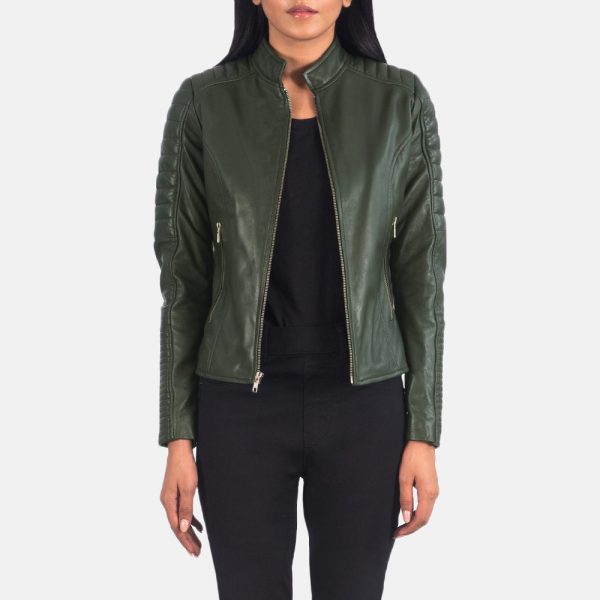 Women's Adalyn Quilted Green Leather Biker Jacket