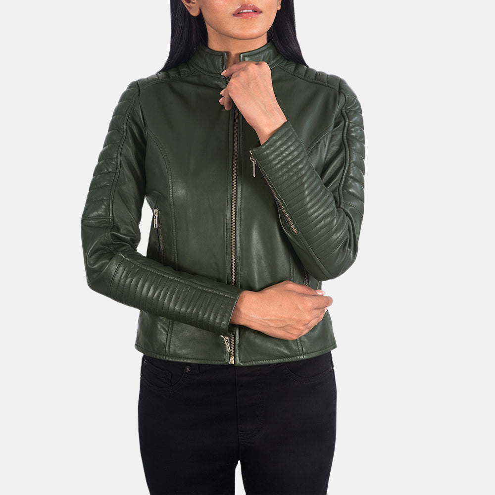 Women's Adalyn Quilted Green Leather Biker Jacket