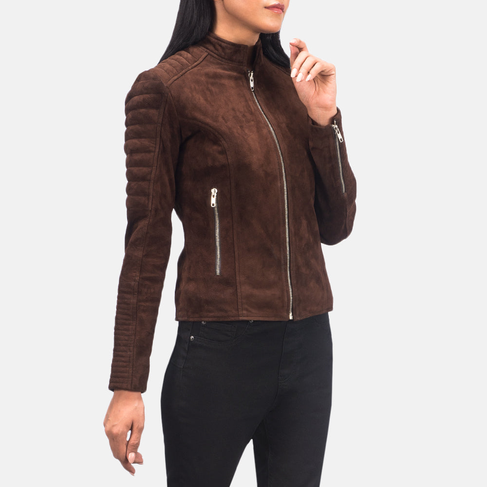 Women's Adalyn Quilted Mocha Suede Leather Biker Jacket