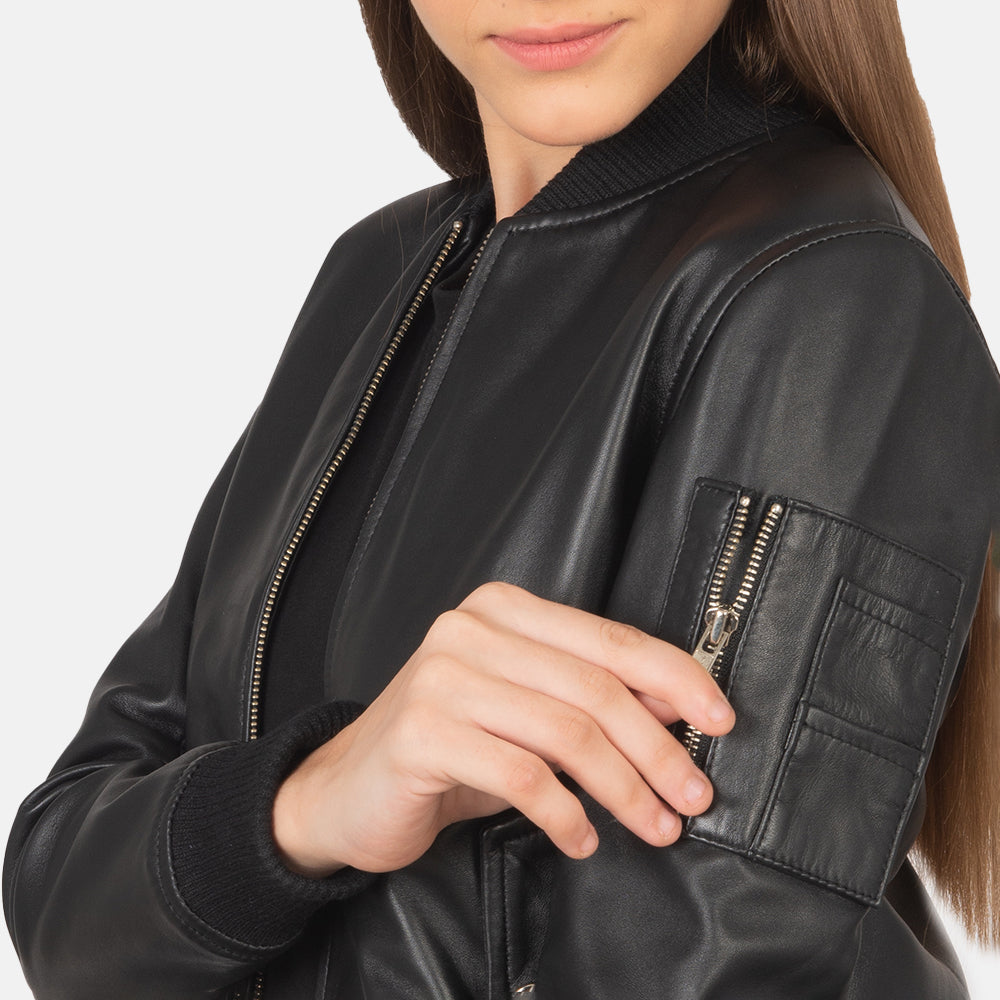 Women's Ava Ma-1 Black Leather Bomber Jacket