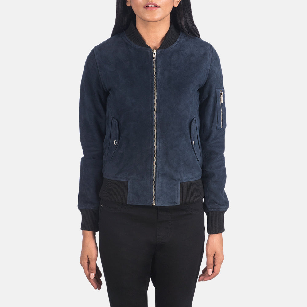 Women's Ava Ma-1 Blue Suede Leather Bomber Jacket