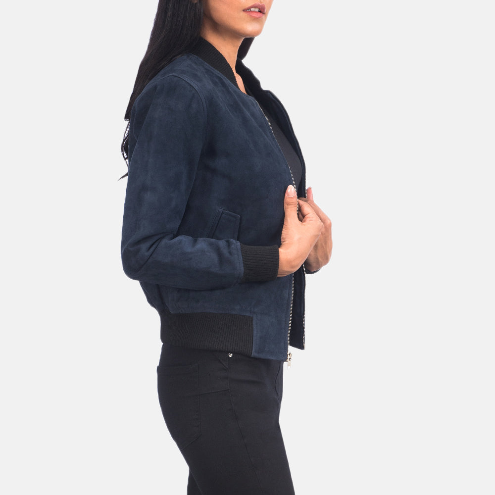Women's Ava Ma-1 Blue Suede Leather Bomber Jacket