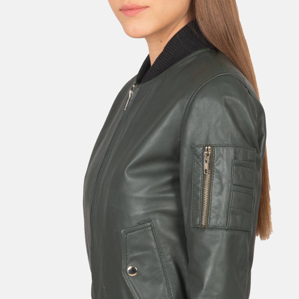 Women's Ava Ma-1 Green Leather Bomber Jacket