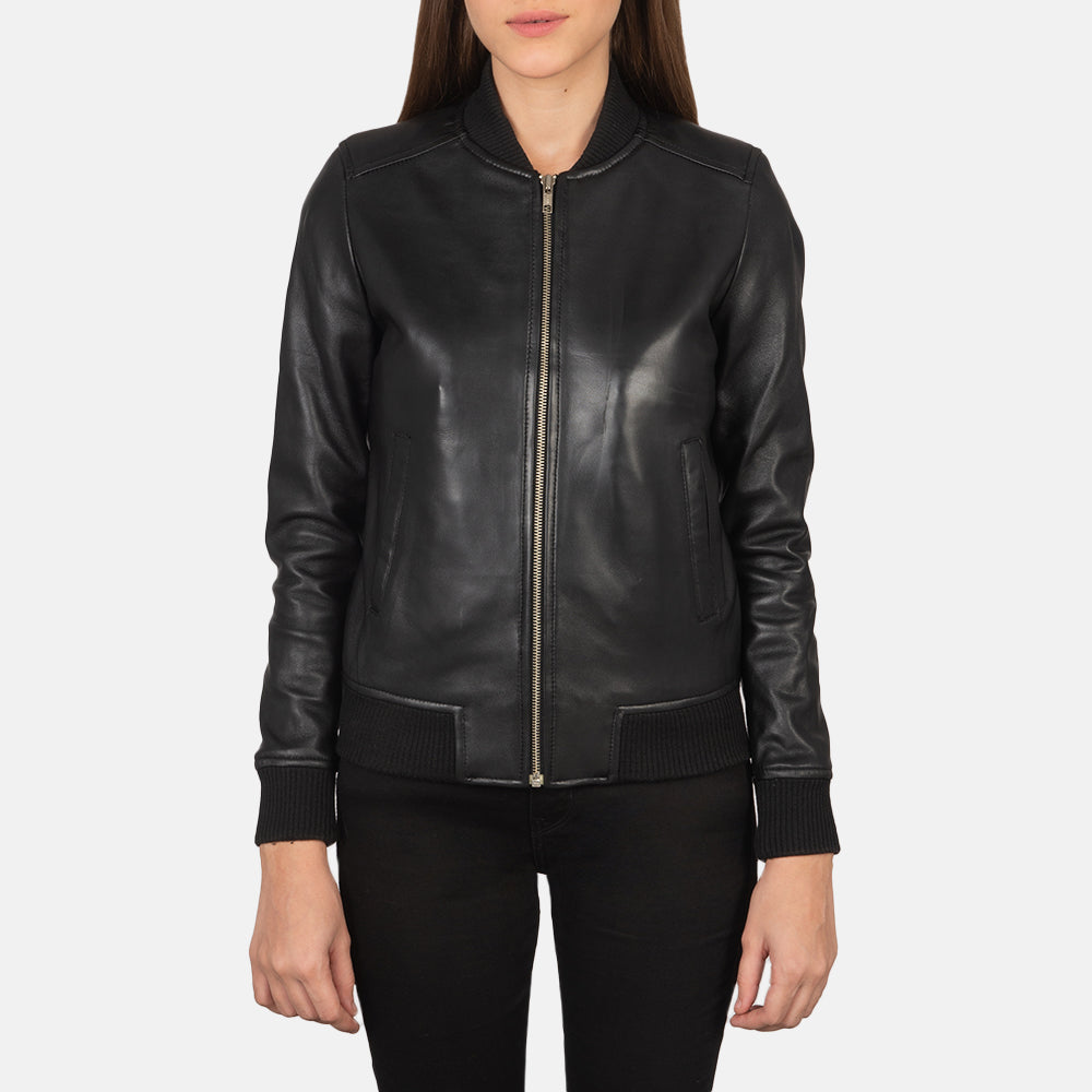 Women's Bliss Black Leather Bomber Jacket