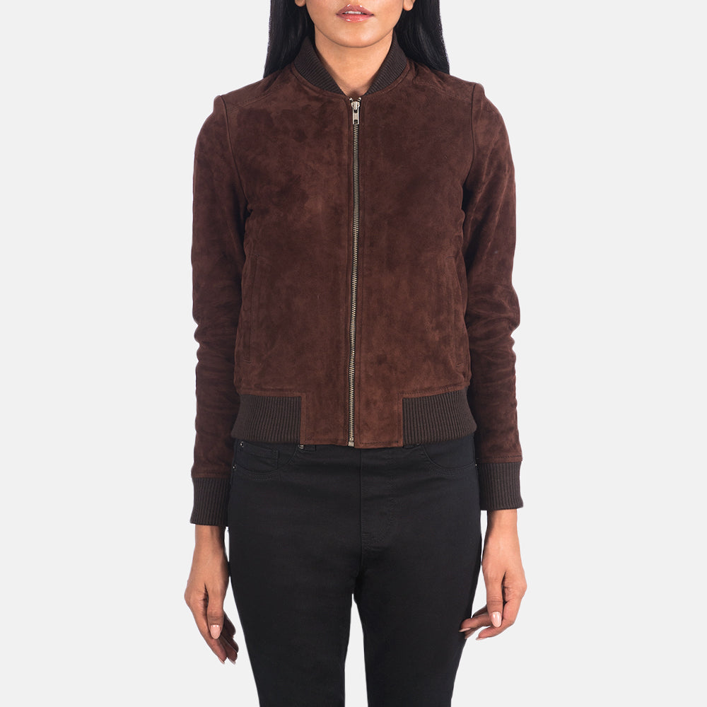 Women's Bliss Brown Suede Leather Bomber Jacket