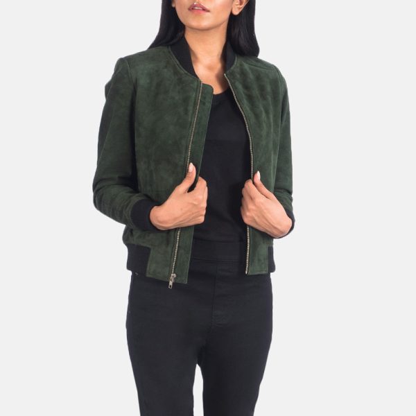 Women's Bliss Green Suede Leather Bomber Jacket
