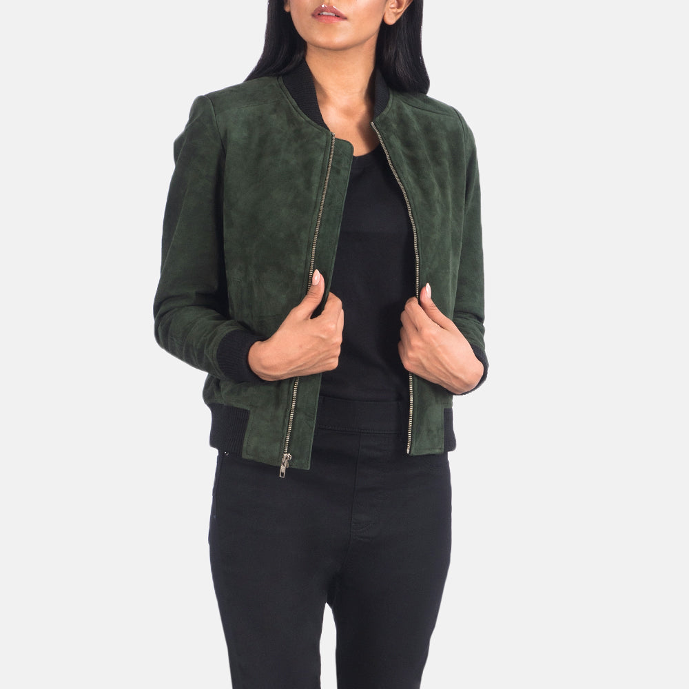 Women's Bliss Green Suede Leather Bomber Jacket