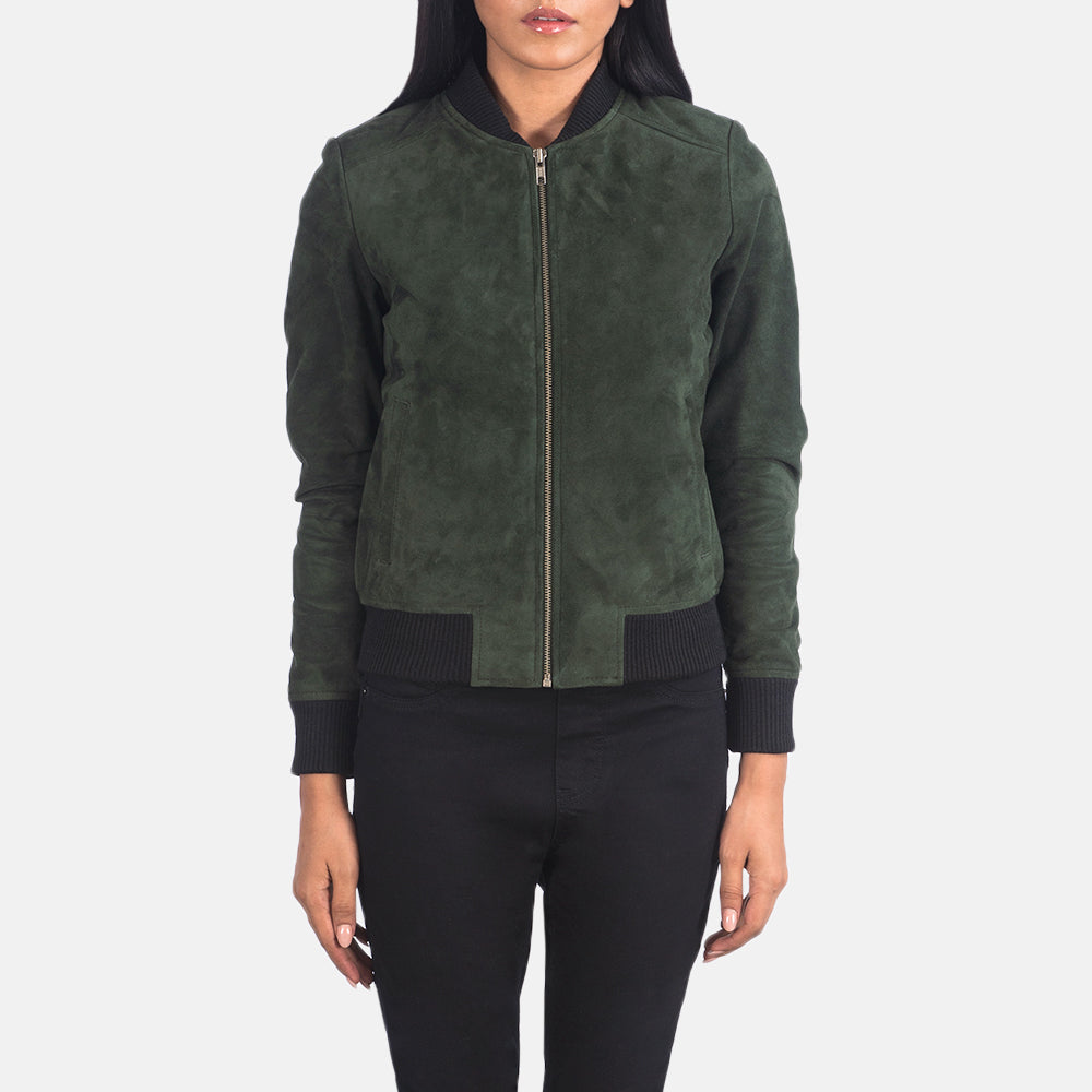 Women's Bliss Green Suede Leather Bomber Jacket