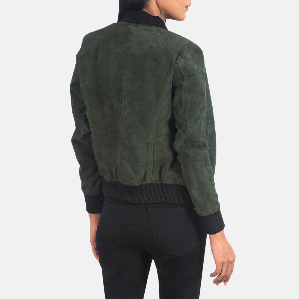 Women's Bliss Green Suede Leather Bomber Jacket