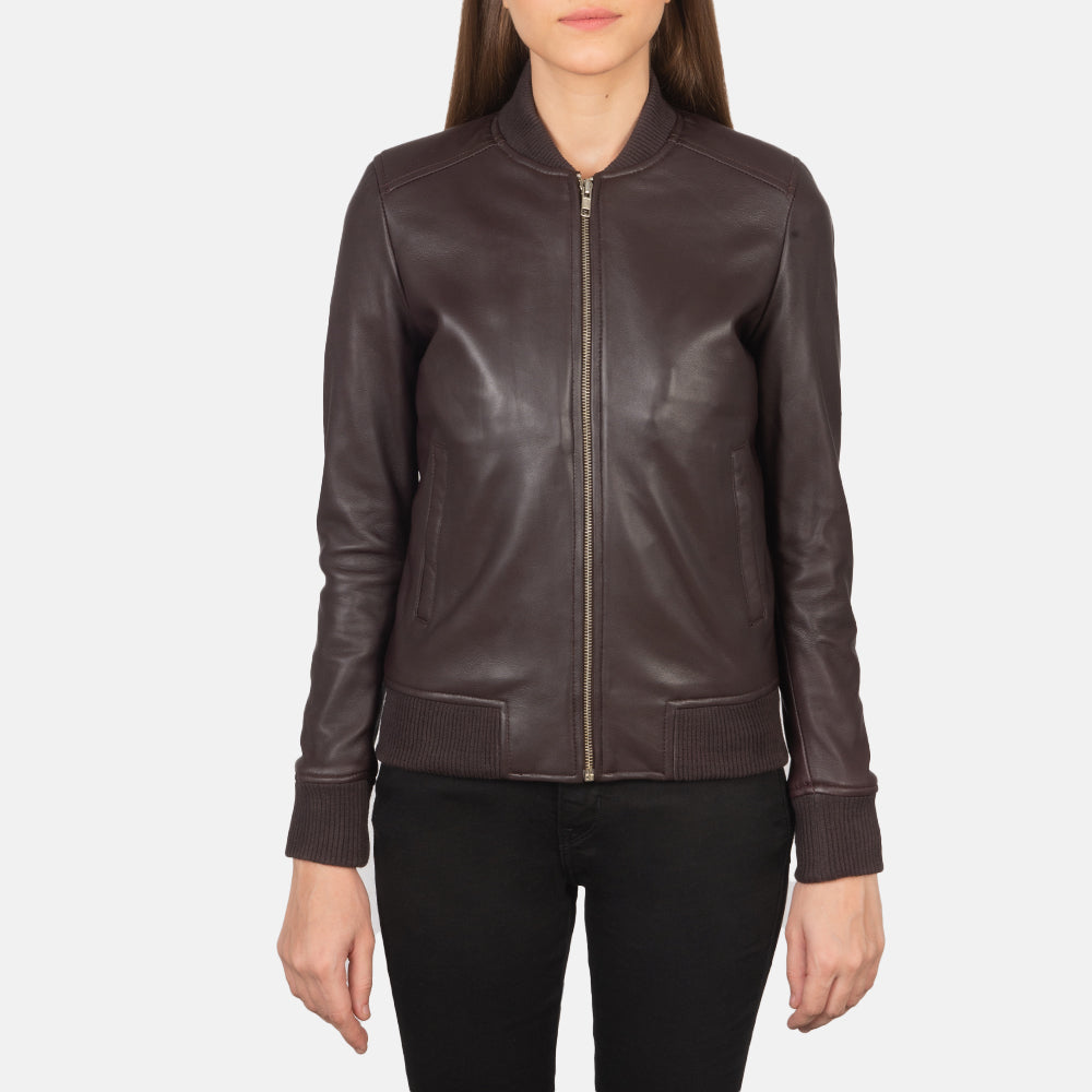Women's Bliss Maroon Leather Bomber Jacket