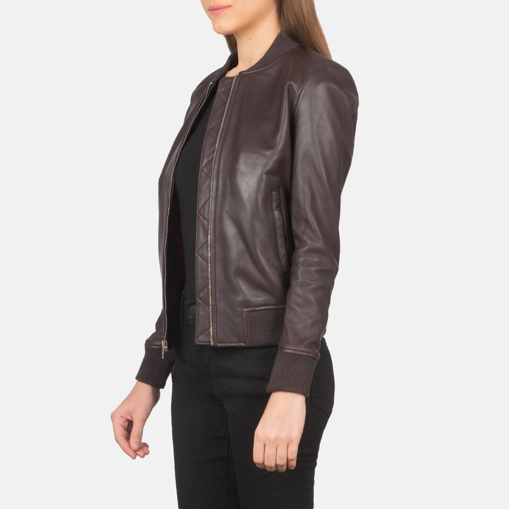 Women's Bliss Maroon Leather Bomber Jacket
