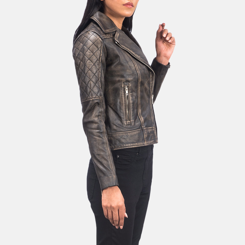 Women's Carolyn Quilted Distressed Brown Biker Leather Jacket