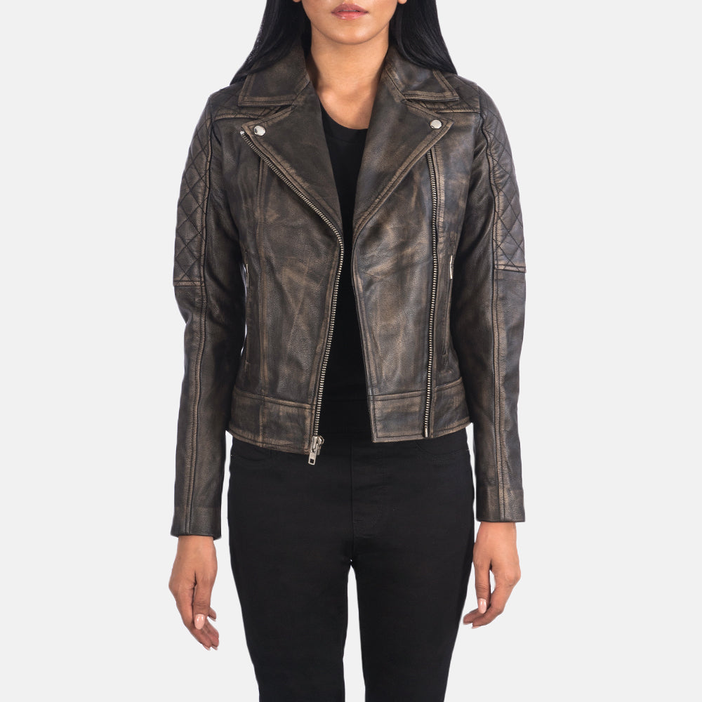 Women's Carolyn Quilted Distressed Brown Biker Leather Jacket
