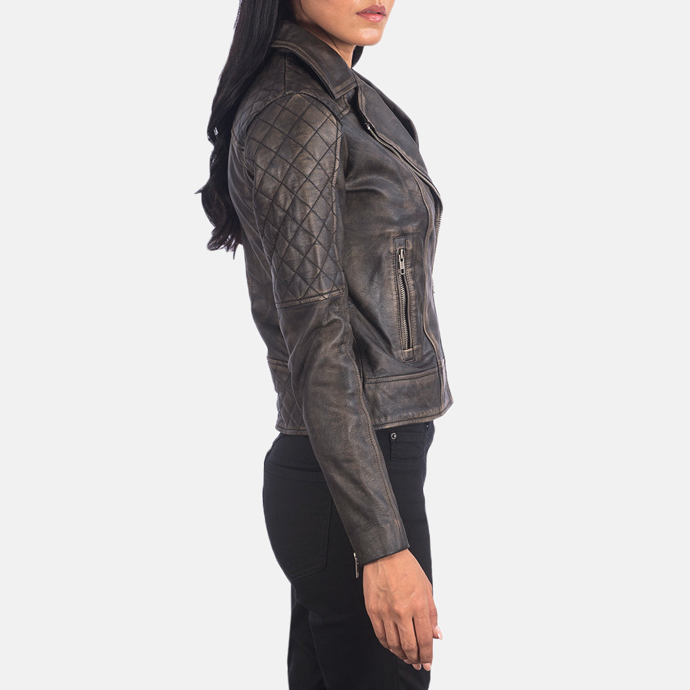 Women's Carolyn Quilted Distressed Brown Biker Leather Jacket