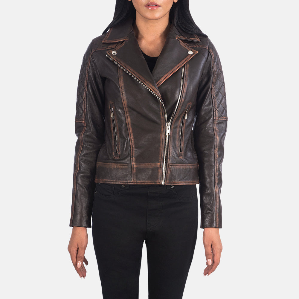 Women's Carolyn Quilted Vintage Brown Biker Leather Jacket