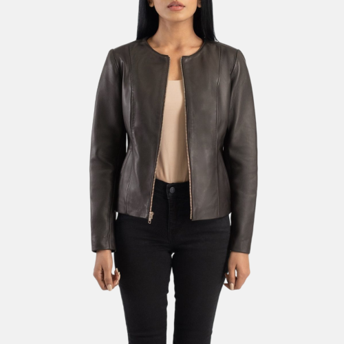 Women's Elixir Brown Collarless Leather Jacket