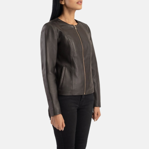 Women's Elixir Brown Collarless Leather Jacket