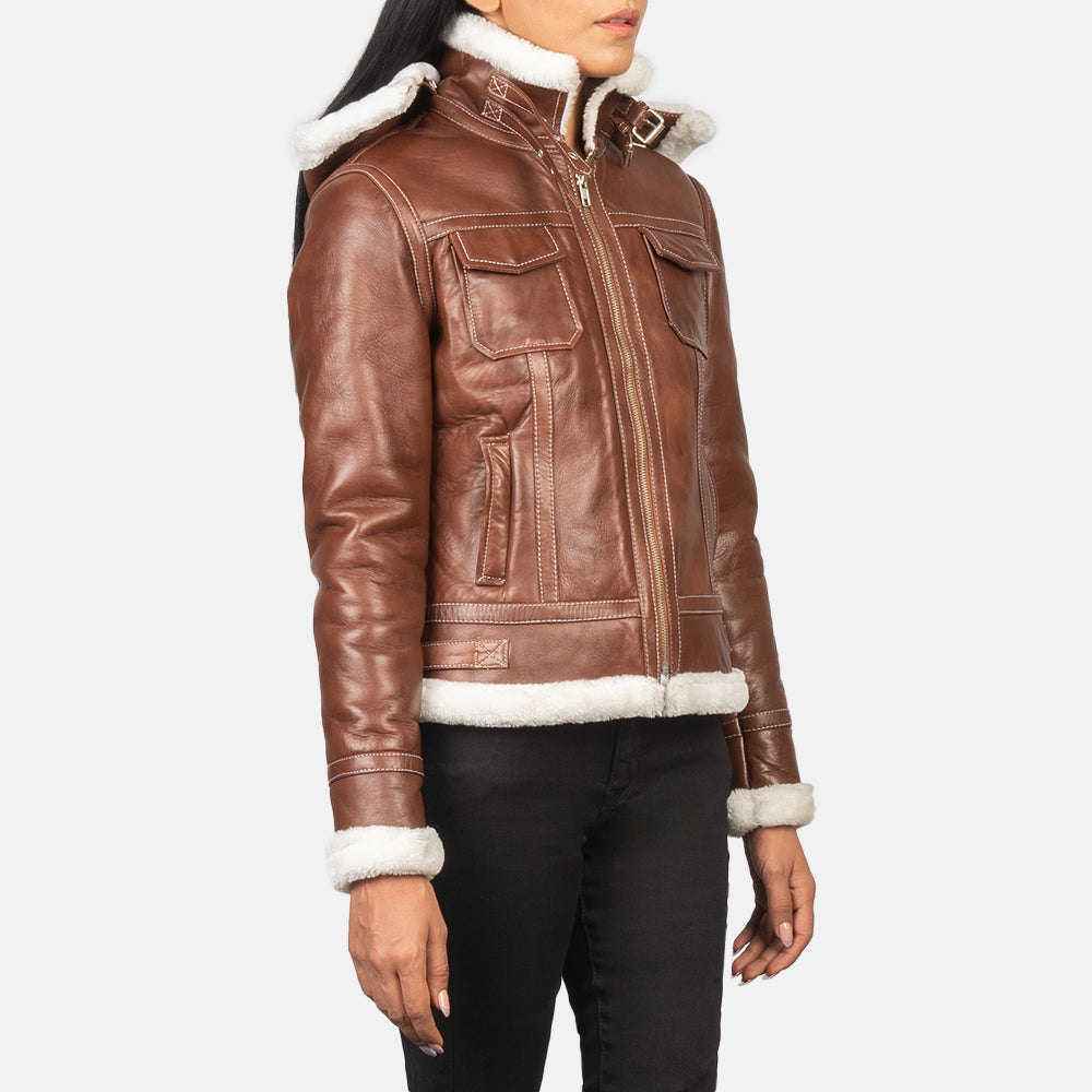 Women's Fiona Brown Hooded Shearling Leather Jacket