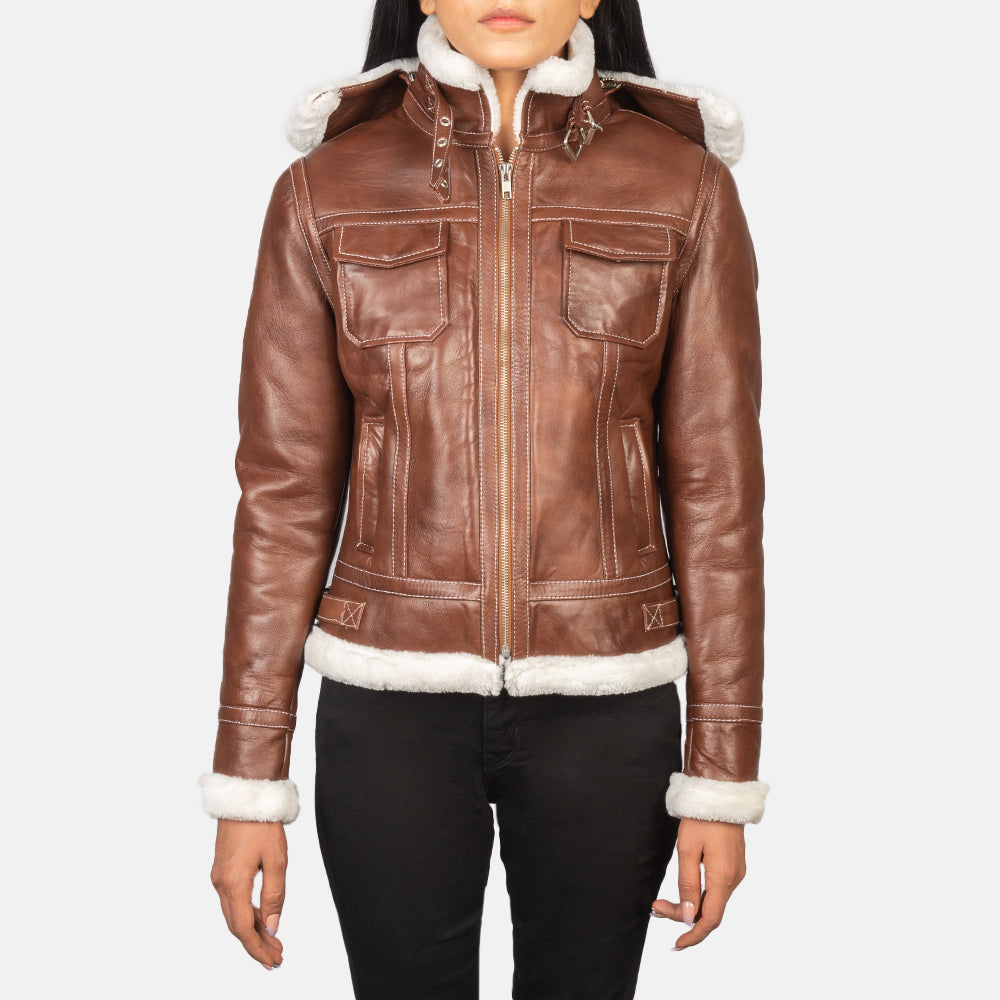 Women's Fiona Brown Hooded Shearling Leather Jacket