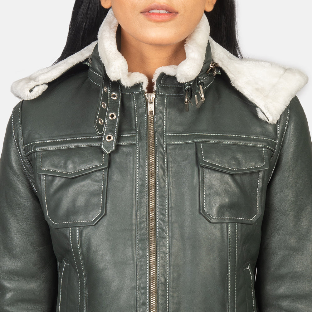 Women's Fiona Green Hooded Shearling Leather Jacket