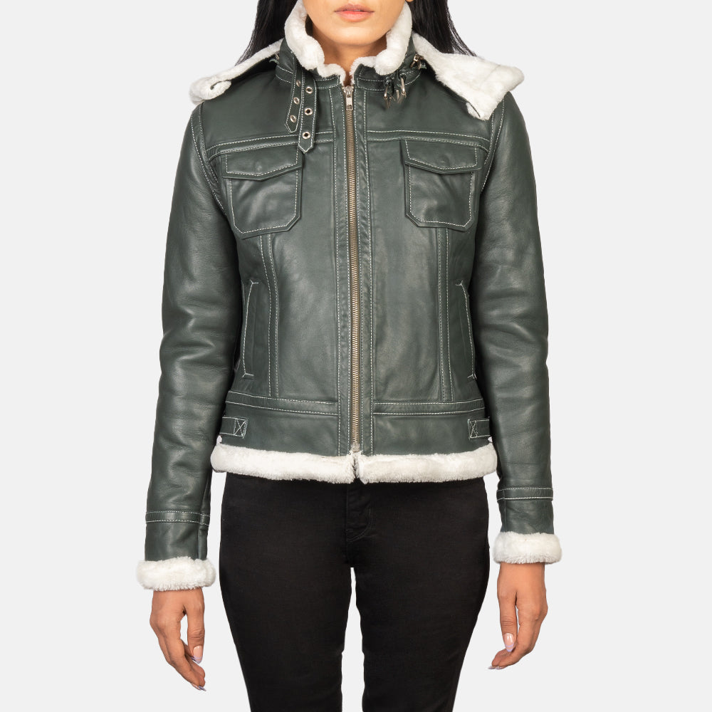 Women's Fiona Green Hooded Shearling Leather Jacket