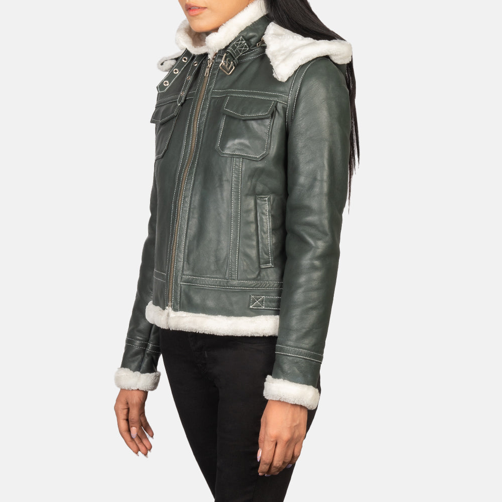 Women's Fiona Green Hooded Shearling Leather Jacket