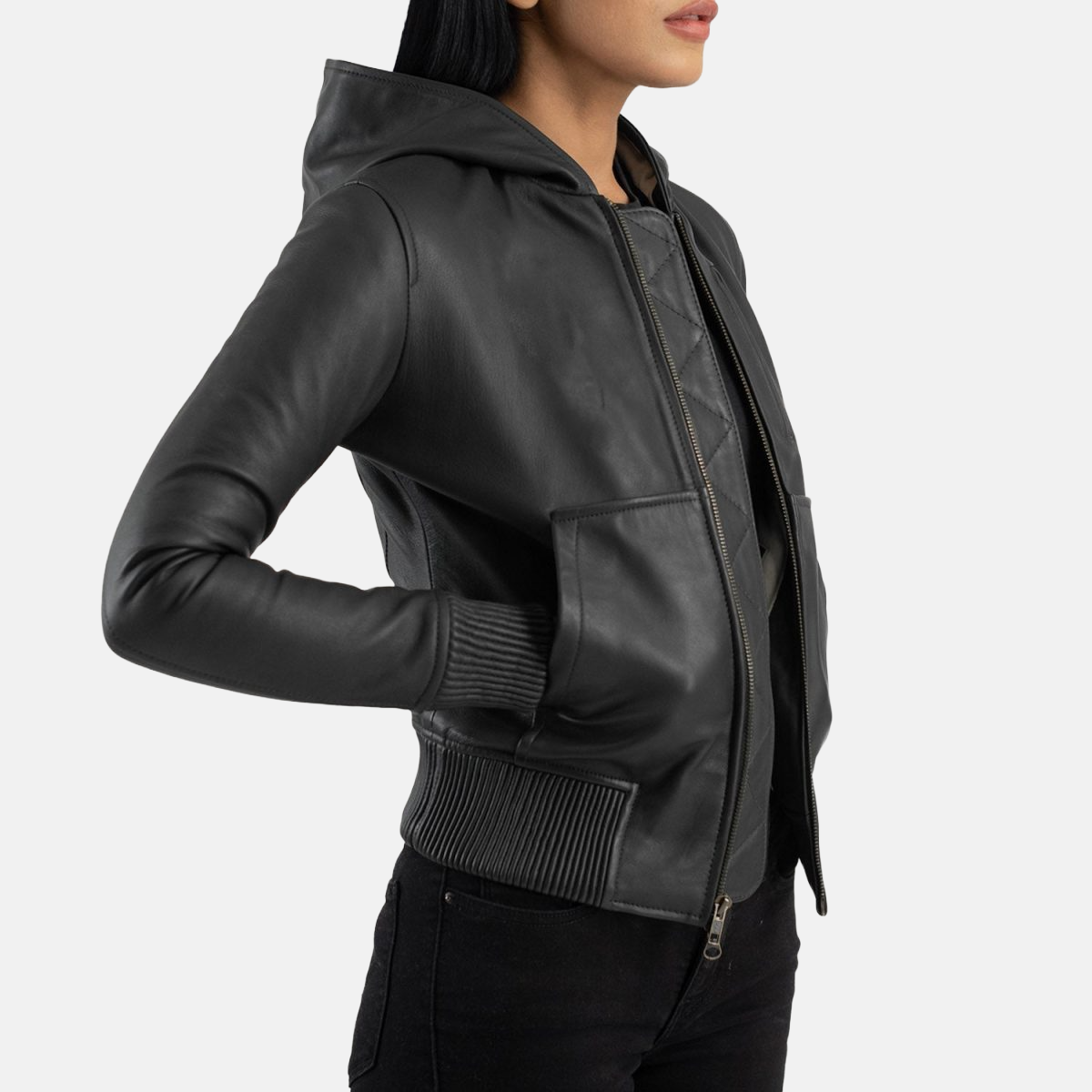 Women's Luna Black Hooded Leather Bomber Jacket