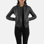 Women's Luna Black Hooded Leather Bomber Jacket