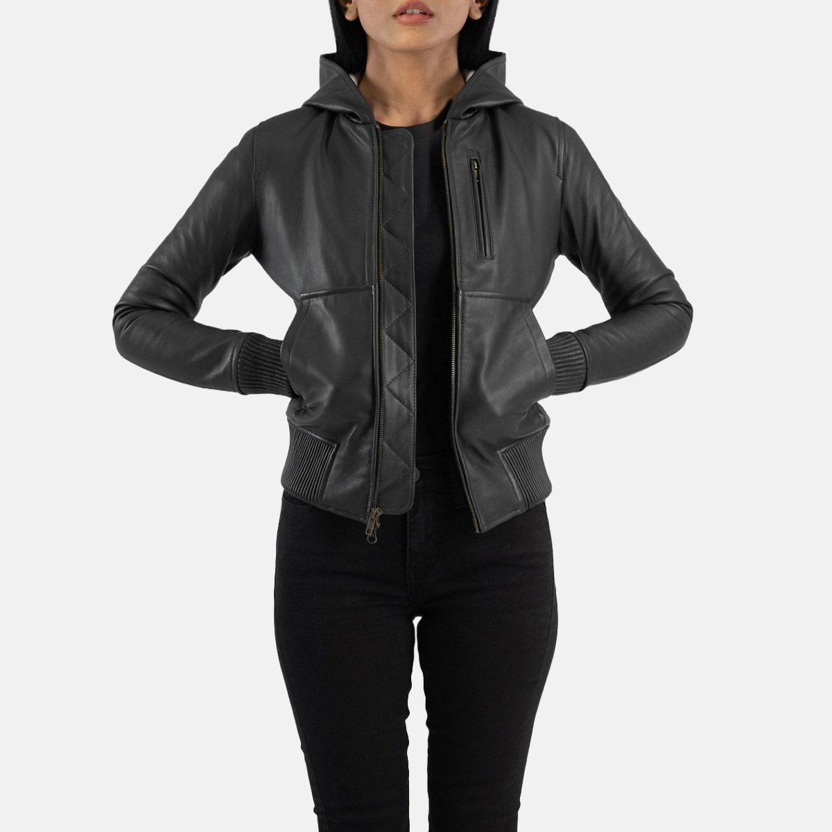 Women's Luna Black Hooded Leather Bomber Jacket