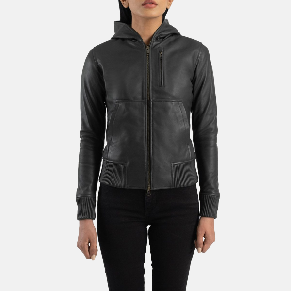 Women's Luna Black Hooded Leather Bomber Jacket