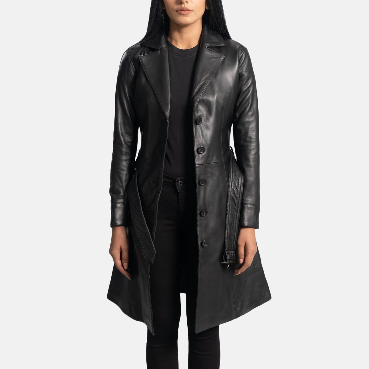 Women's Moonlight Black Leather Trench Coat