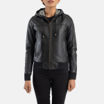 Women's Rebella Black Hooded Leather Bomber Jacket