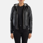 Women's Rebella Black Hooded Leather Bomber Jacket