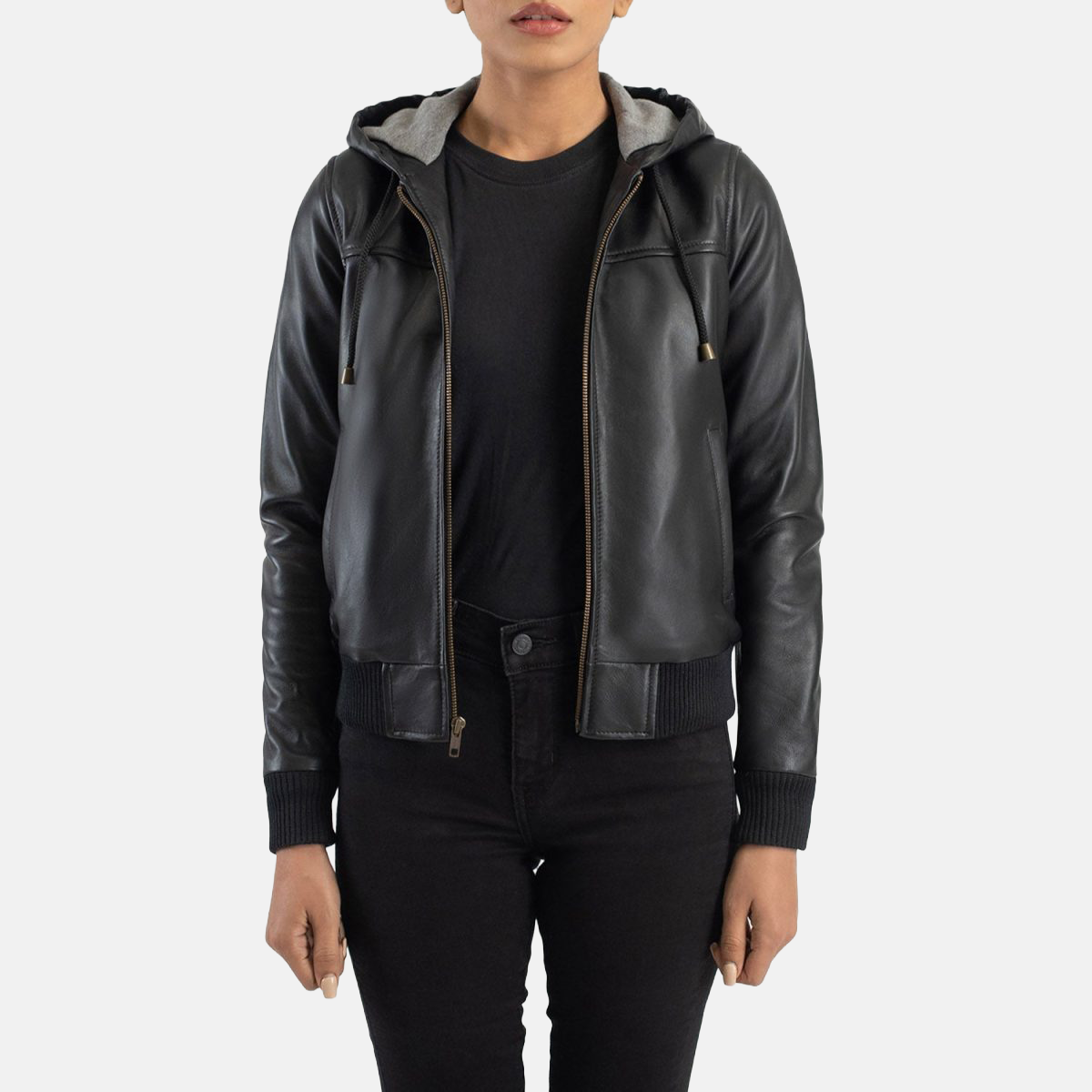 Women's Rebella Black Hooded Leather Bomber Jacket