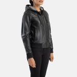 Women's Rebella Black Hooded Leather Bomber Jacket