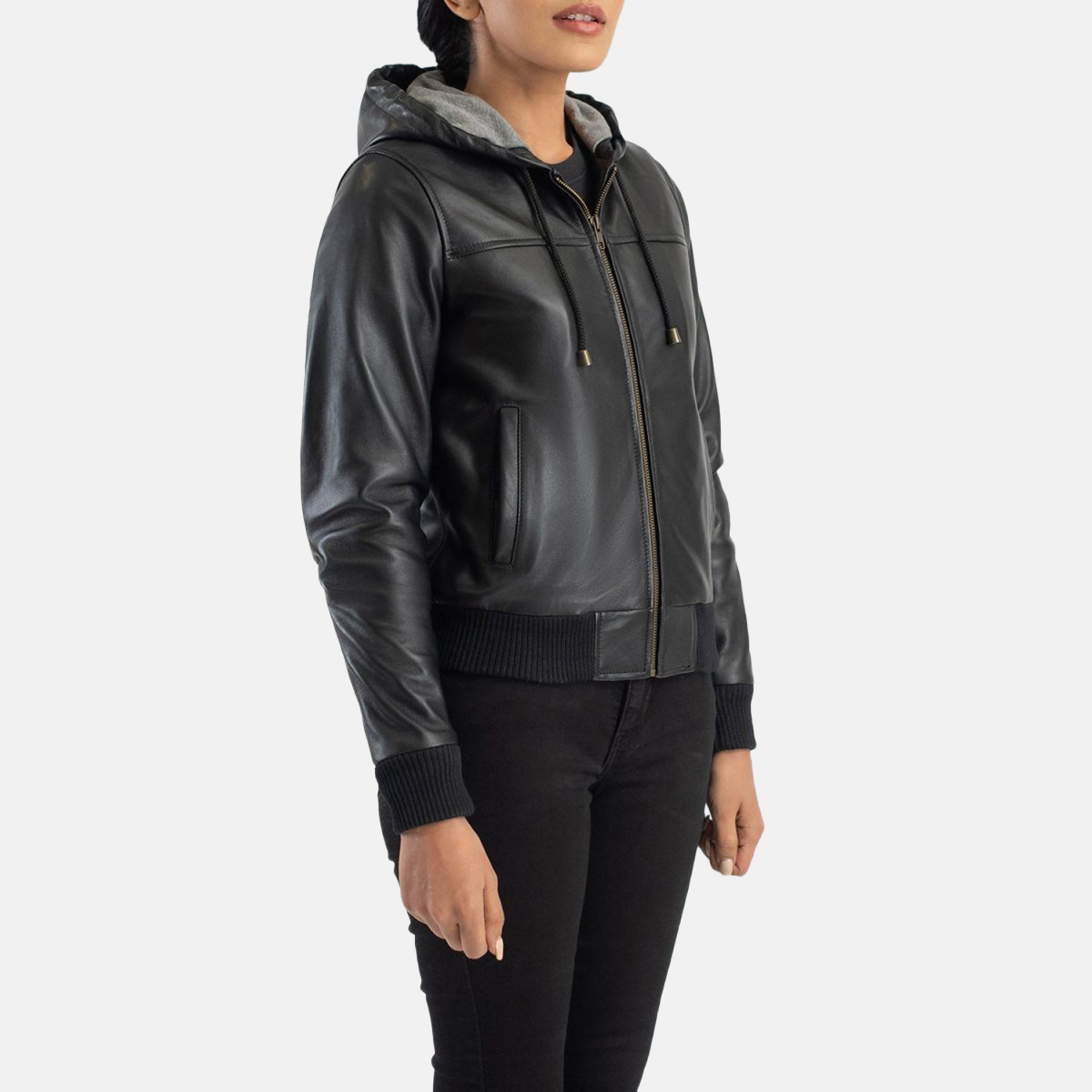 Women's Rebella Black Hooded Leather Bomber Jacket