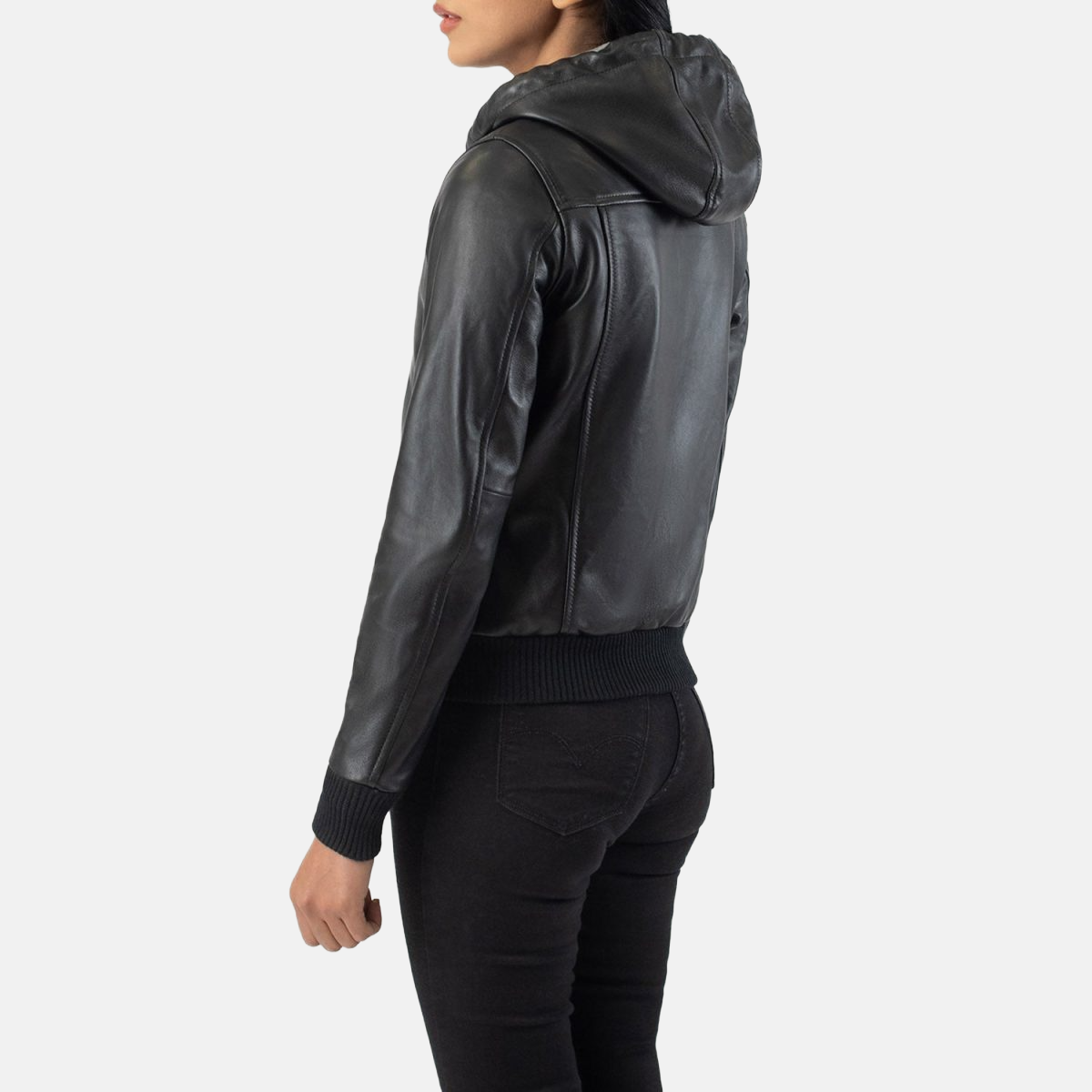 Women's Rebella Black Hooded Leather Bomber Jacket