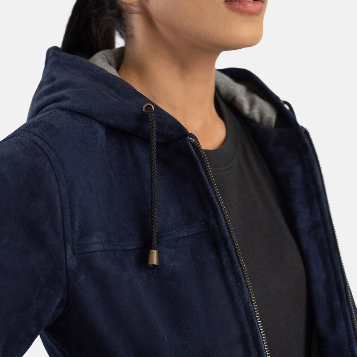 Women's Rebella Blue Hooded Suede Leather Bomber Jacket