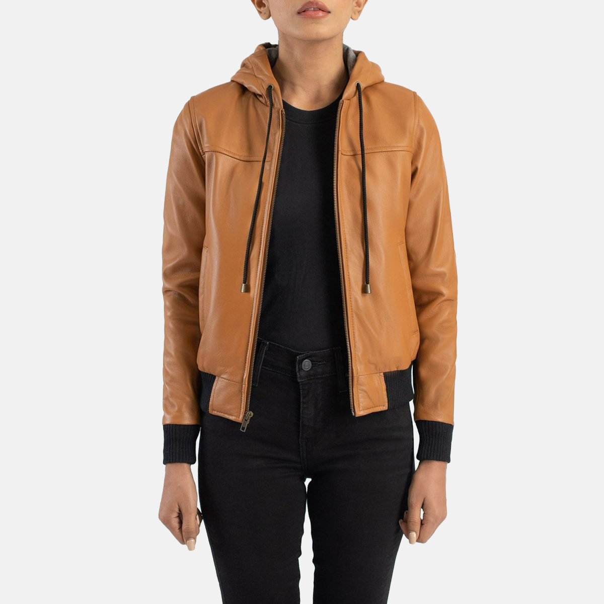 Women's Rebella Brown Hooded Leather Bomber Jacket