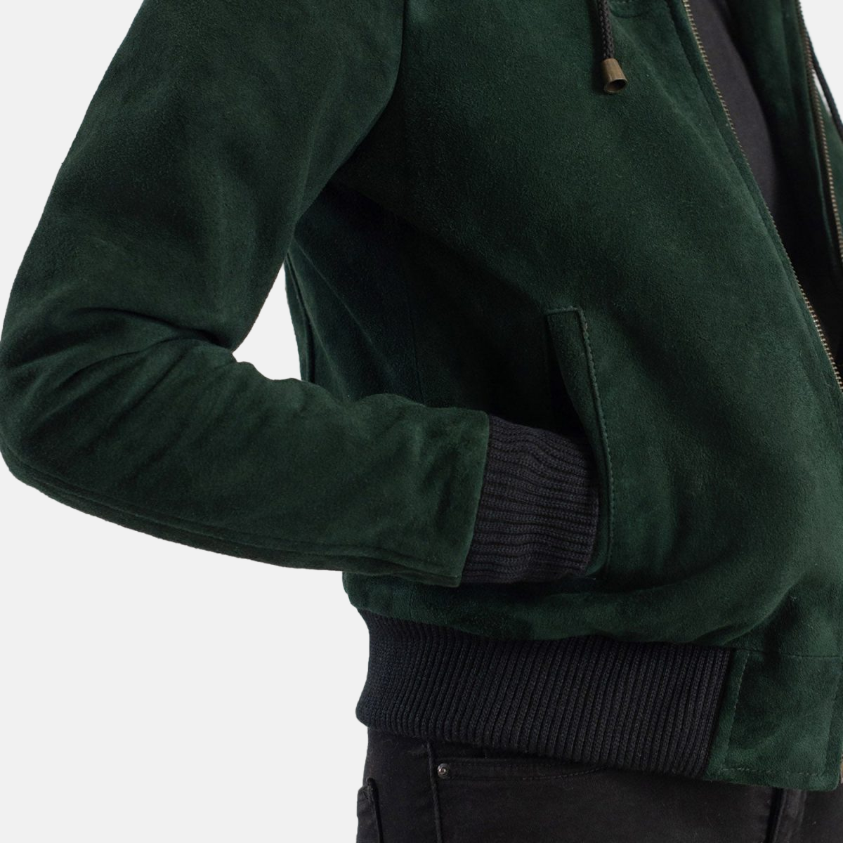 Women's Rebella Green Hooded Suede Leather Bomber Jacket
