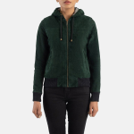 Women's Rebella Green Hooded Suede Leather Bomber Jacket