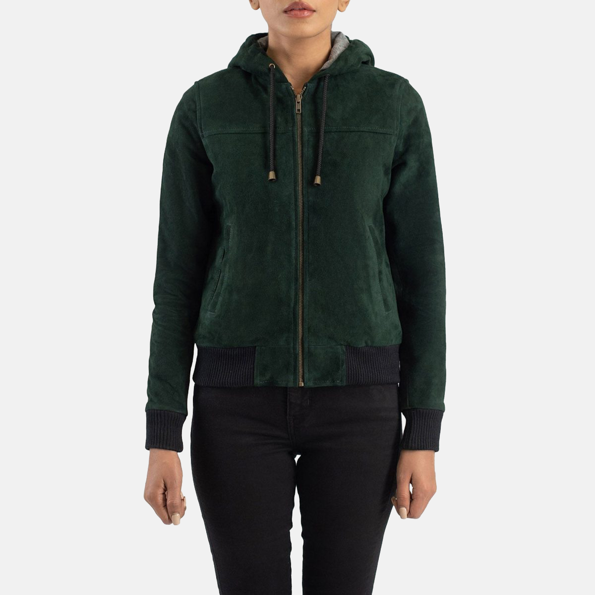Women's Rebella Green Hooded Suede Leather Bomber Jacket