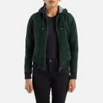 Women's Rebella Green Hooded Suede Leather Bomber Jacket