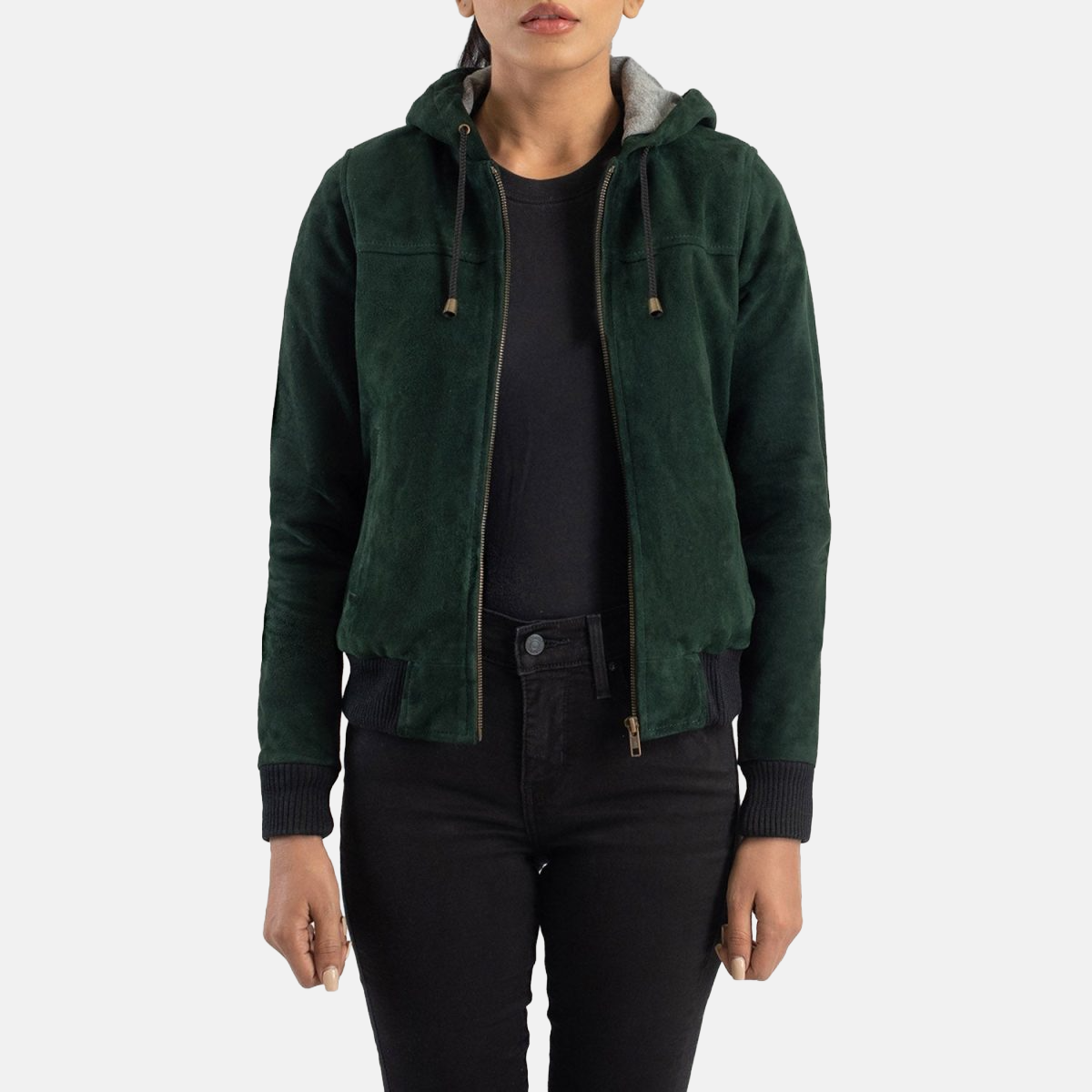 Women's Rebella Green Hooded Suede Leather Bomber Jacket