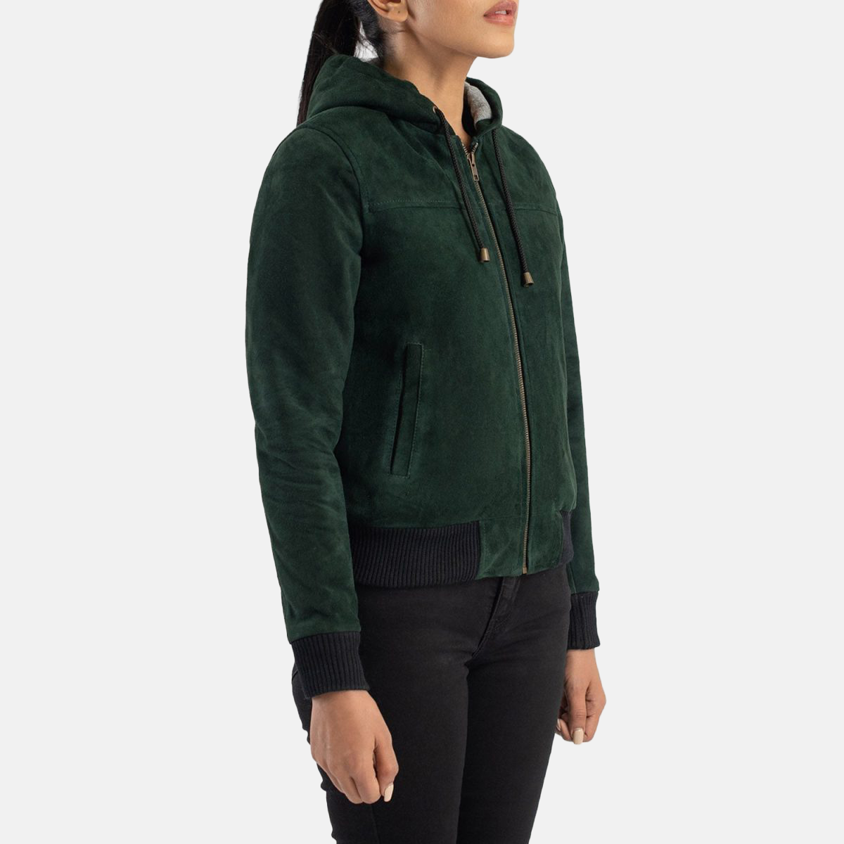 Women's Rebella Green Hooded Suede Leather Bomber Jacket